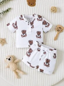 SHEIN Newborn Baby Bear Print Half Button Tee & Shorts - White - View 1
