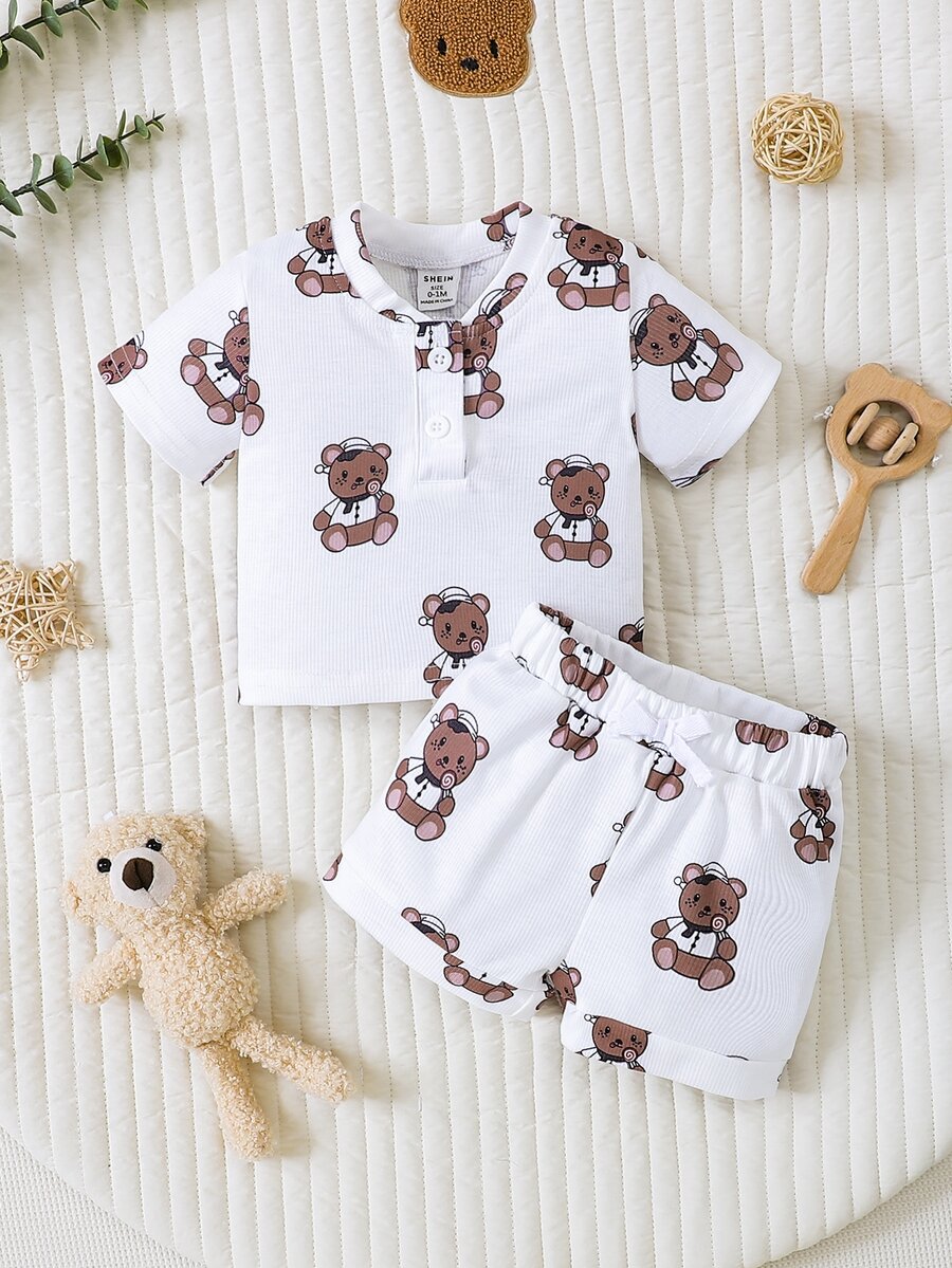 SHEIN Newborn Baby Bear Print Half Button Tee & Shorts - White - View 1