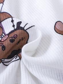 SHEIN Newborn Baby Bear Print Half Button Tee & Shorts - White - View 3