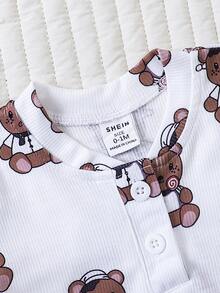 SHEIN Newborn Baby Bear Print Half Button Tee & Shorts - White - View 4