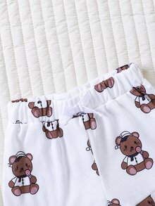 SHEIN Newborn Baby Bear Print Half Button Tee & Shorts - White - View 5