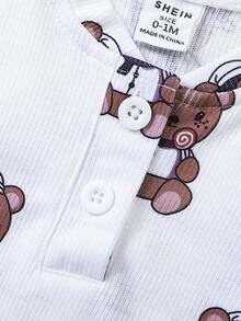 SHEIN Newborn Baby Bear Print Half Button Tee & Shorts - White - View 7