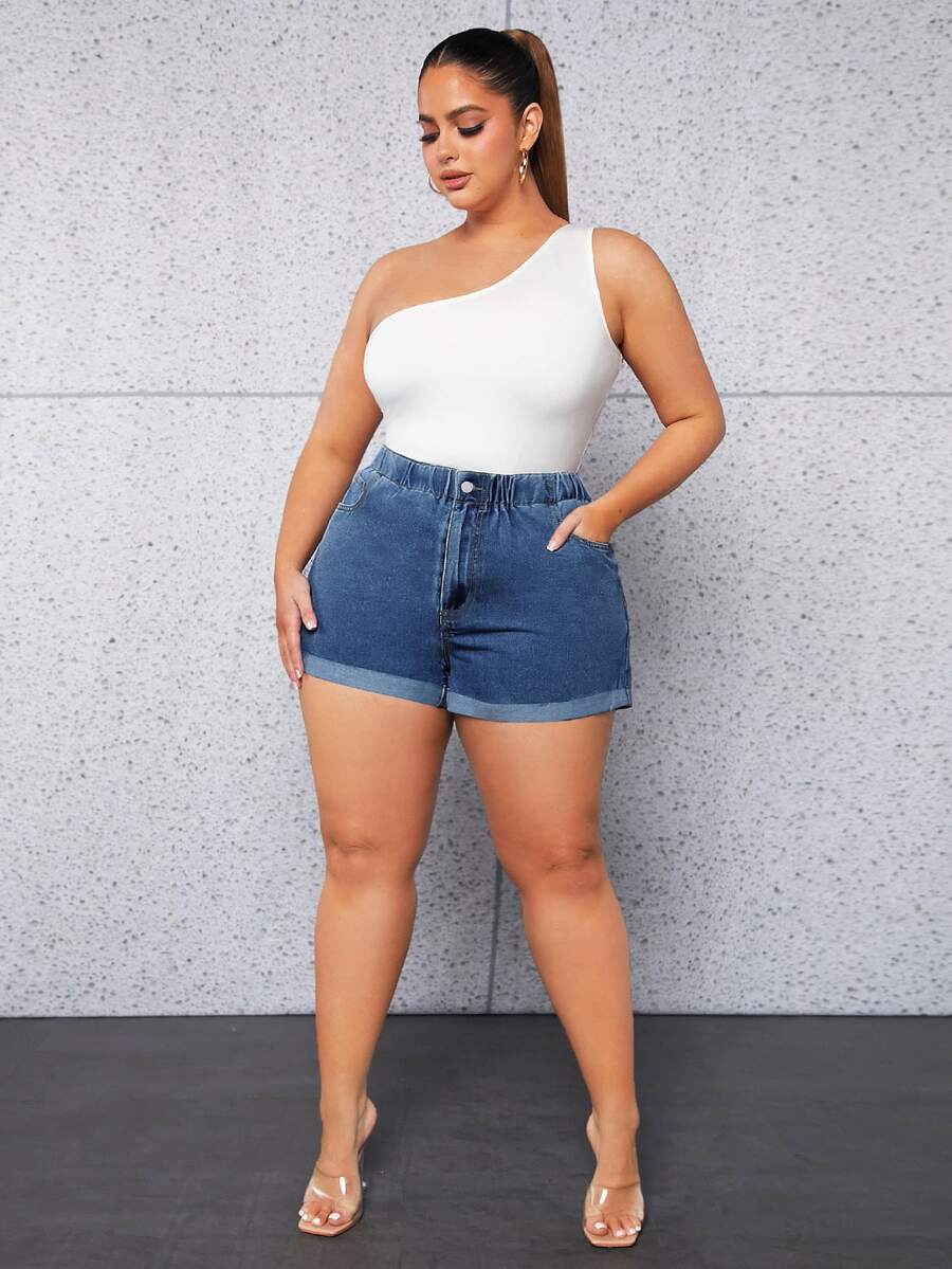 Plus Solid Slant Pocket Denim Shorts - Dark Wash - View 1