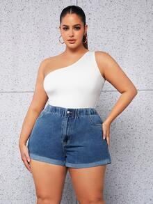 Plus Solid Slant Pocket Denim Shorts - Dark Wash - View 3