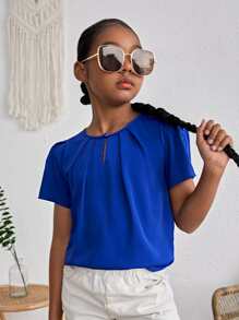 SHEIN Girls Solid Keyhole Neckline Plicated Detail Blouse - Royal Blue - View 1