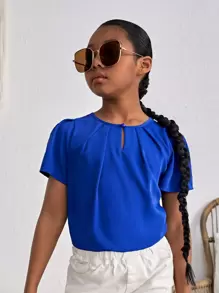 SHEIN Girls Solid Keyhole Neckline Plicated Detail Blouse - Royal Blue - View 3