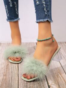 Women Fuzzy Mules, Clear Chunky Heeled Fashion Sandals - Green - View 6