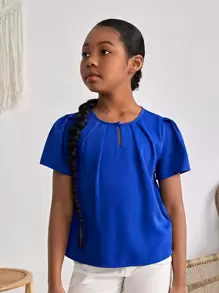 SHEIN Girls Solid Keyhole Neckline Plicated Detail Blouse - Royal Blue - View 4