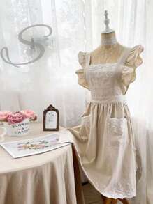 1 szt. haftowany fartuch z kwiatami, nowoczesny fartuch z falbanką z tkaniny do domu, kuchni, łazienki, domu, dostawców gospodarstwa domowego - Beżowy - Zobacz 11