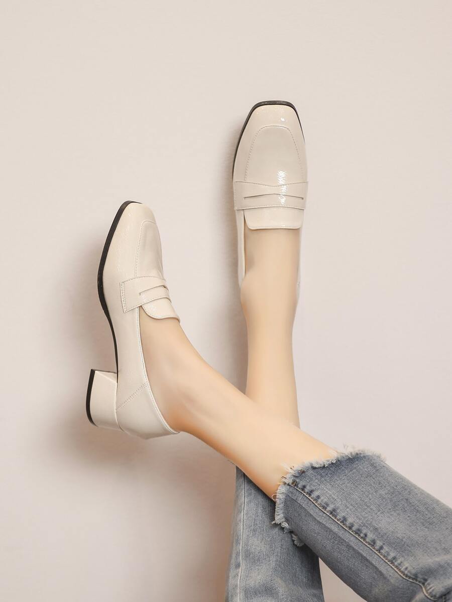 優雅樂福鞋適用於女士針腳細節方頭粗跟淺口皮鞋 - 米色 - 查看 1