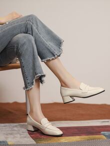 優雅樂福鞋適用於女士針腳細節方頭粗跟淺口皮鞋 - 米色 - 查看 3