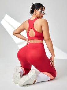 Plus Cut Out Racer Back Wideband Waist Sports Set - Red - View 1