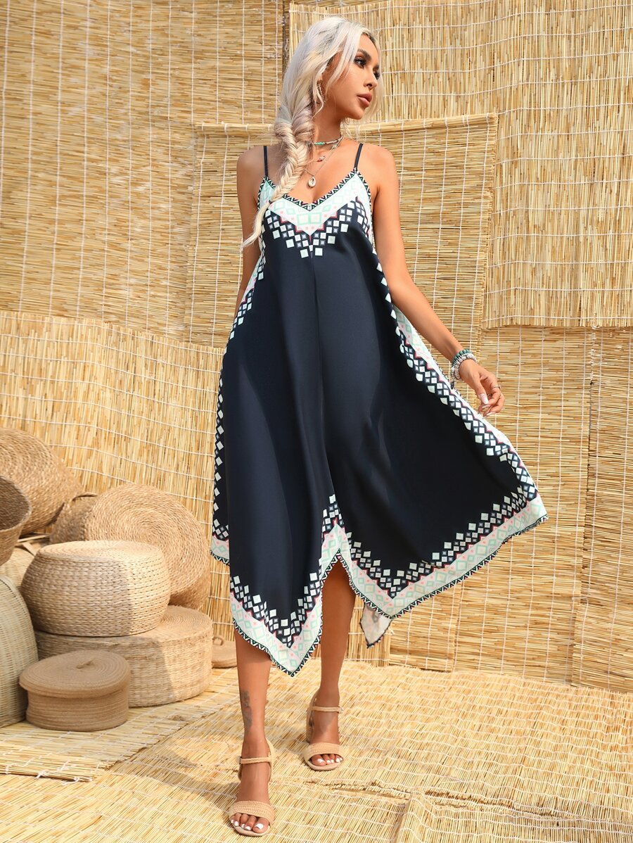 SHEIN VCAY 幾何印花手帕下擺吊帶連衣裙 - 黑色 - 查看 1