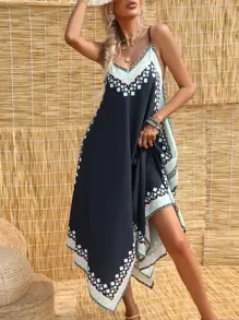 SHEIN VCAY 幾何印花手帕下擺吊帶連衣裙 - 黑色 - 查看 4