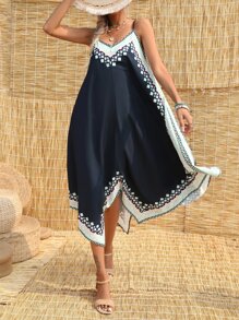 SHEIN VCAY 幾何印花手帕下擺吊帶連衣裙 - 黑色 - 查看 5