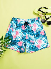 Manfinity Hombres Shorts de natación con estampado tropical de cintura con cordón - Multicolor - Ver 1