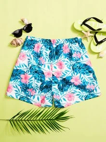 Manfinity Hombres Shorts de natación con estampado tropical de cintura con cordón - Multicolor - Ver 2