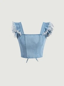 SHEIN MOD Áo khoác denim nữ Lộ Lưng Hem thô Xù màu trơn Gợi cảm - Rửa nhẹ - Xem 1