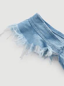 SHEIN MOD Áo khoác denim nữ Lộ Lưng Hem thô Xù màu trơn Gợi cảm - Rửa nhẹ - Xem 4