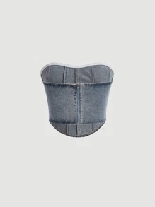 SHEIN MOD 前接縫抹胸牛仔上衣 - 淺色水洗藍 - 查看 2