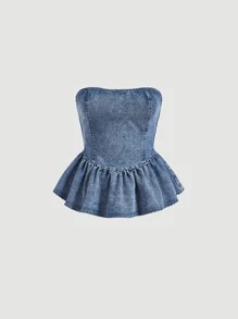 SHEIN MOD 荷葉邊牛仔抹胸上衣 - 中等水洗藍 - 查看 1