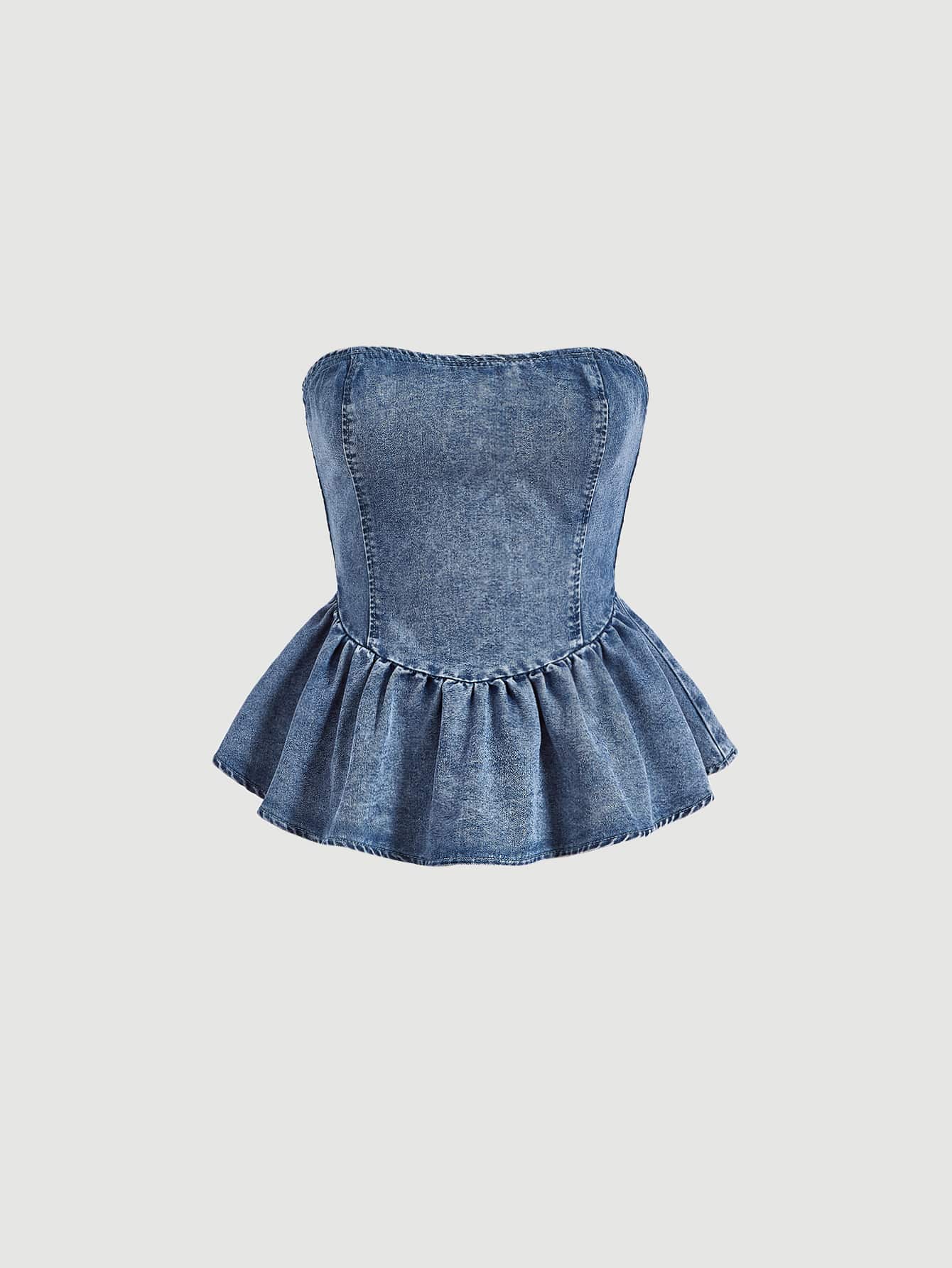 SHEIN MOD 荷葉邊牛仔抹胸上衣 - 中等水洗藍 - 查看 1