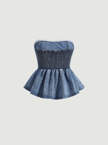 SHEIN MOD 荷葉邊牛仔抹胸上衣 - 中等水洗藍 - 查看 2