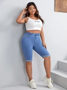 SHEIN LUNE Plus Light Wash Roll Up Hem Denim Shorts - Medium Wash - View 3