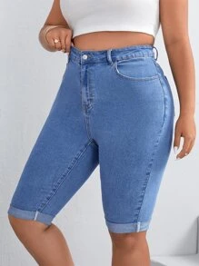 SHEIN LUNE Plus Light Wash Roll Up Hem Denim Shorts - Medium Wash - View 4