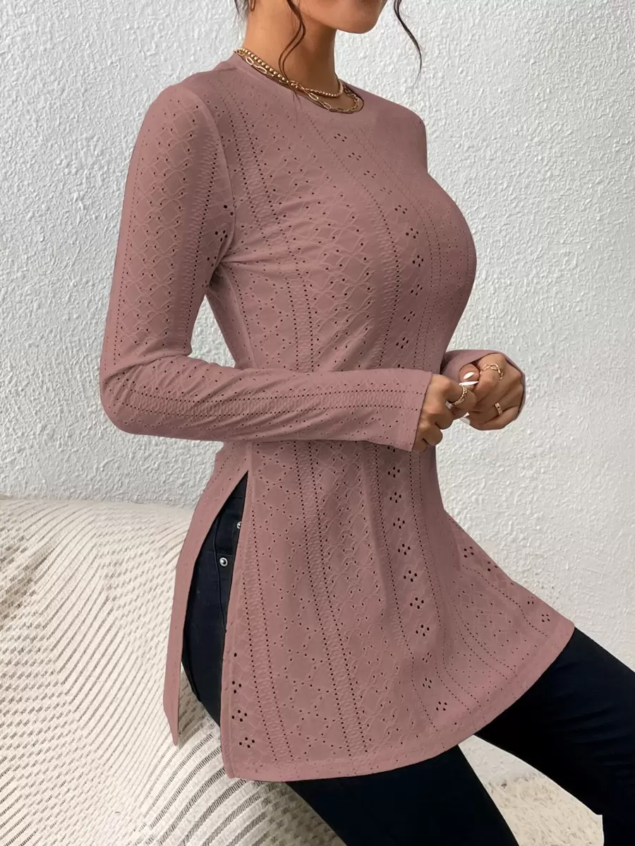 SHEIN Essnce 網眼刺繡下擺開叉T恤 - 棕色 - 查看 1