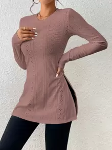SHEIN Essnce 網眼刺繡下擺開叉T恤 - 棕色 - 查看 3