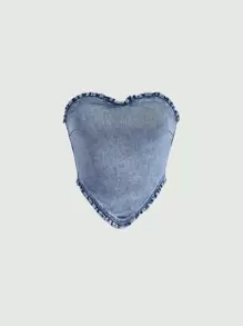 SHEIN MOD Frill Trim Bandana Hem Tube Denim Top - Light Wash - View 1