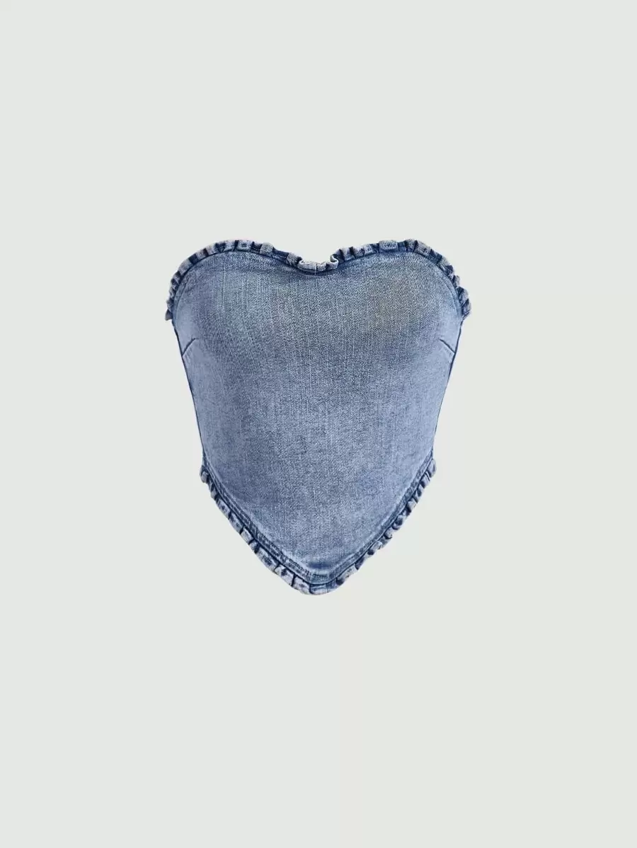 SHEIN MOD Frill Trim Bandana Hem Tube Denim Top - Light Wash - View 1