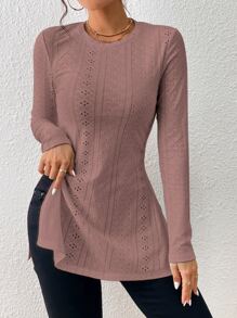 SHEIN Essnce 網眼刺繡下擺開叉T恤 - 棕色 - 查看 5