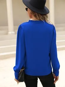 SHEIN LUNE Frill Trim Lantern Sleeve Button Front Blouse - Royal Blue - View 2