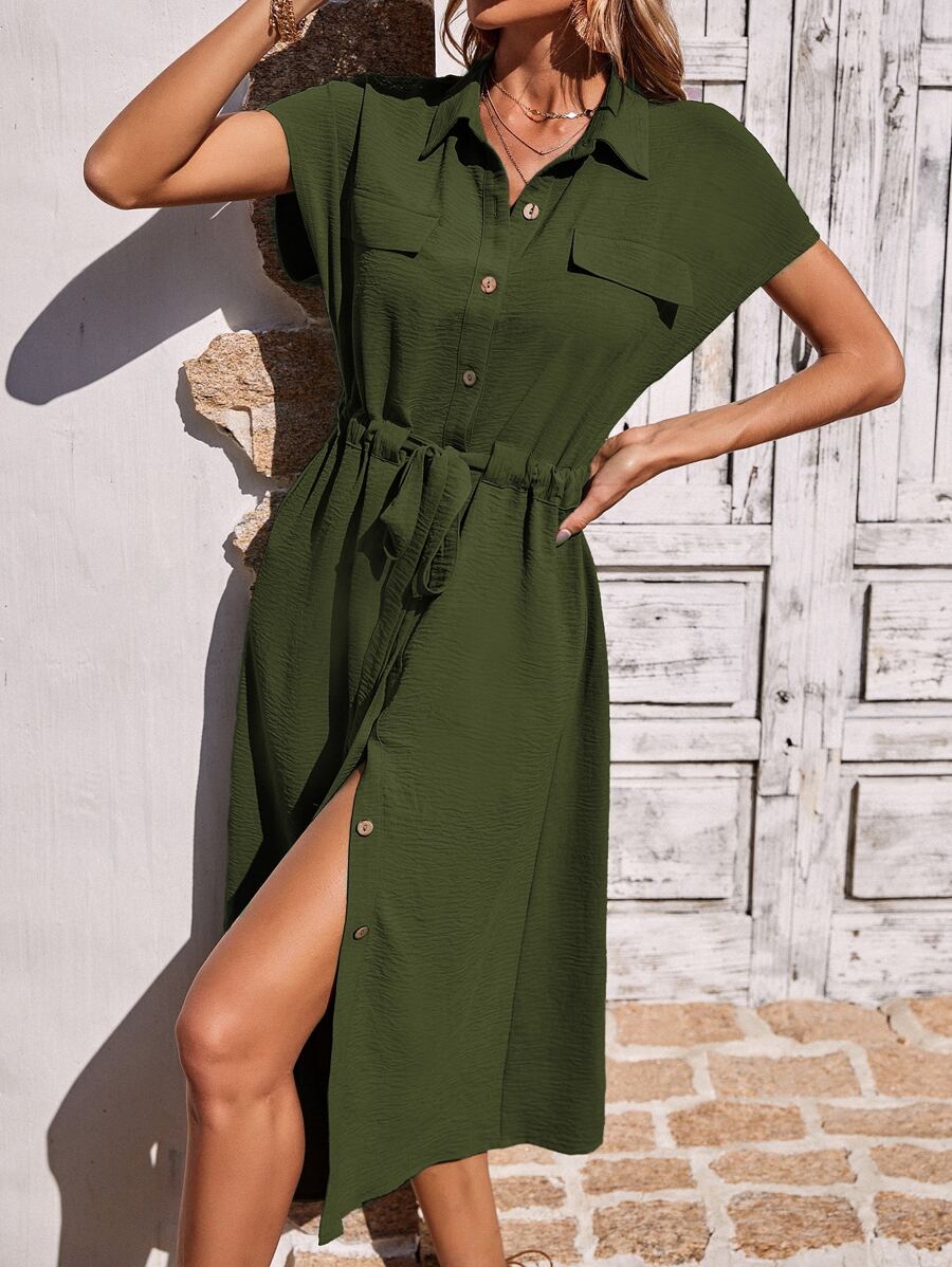 SHEIN LUNE Batwing Sleeve Drawstring Waist Flap Detail Shirt Dress - Army Green - View 1