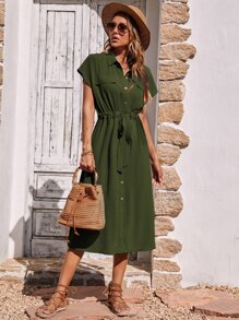 SHEIN LUNE Batwing Sleeve Drawstring Waist Flap Detail Shirt Dress - Army Green - View 3
