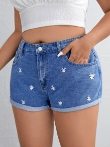 SHEIN Essnce Quần short denim oversized Nút Thêu Túi Dây kéo Hoa - Rửa trung bình - Xem 5