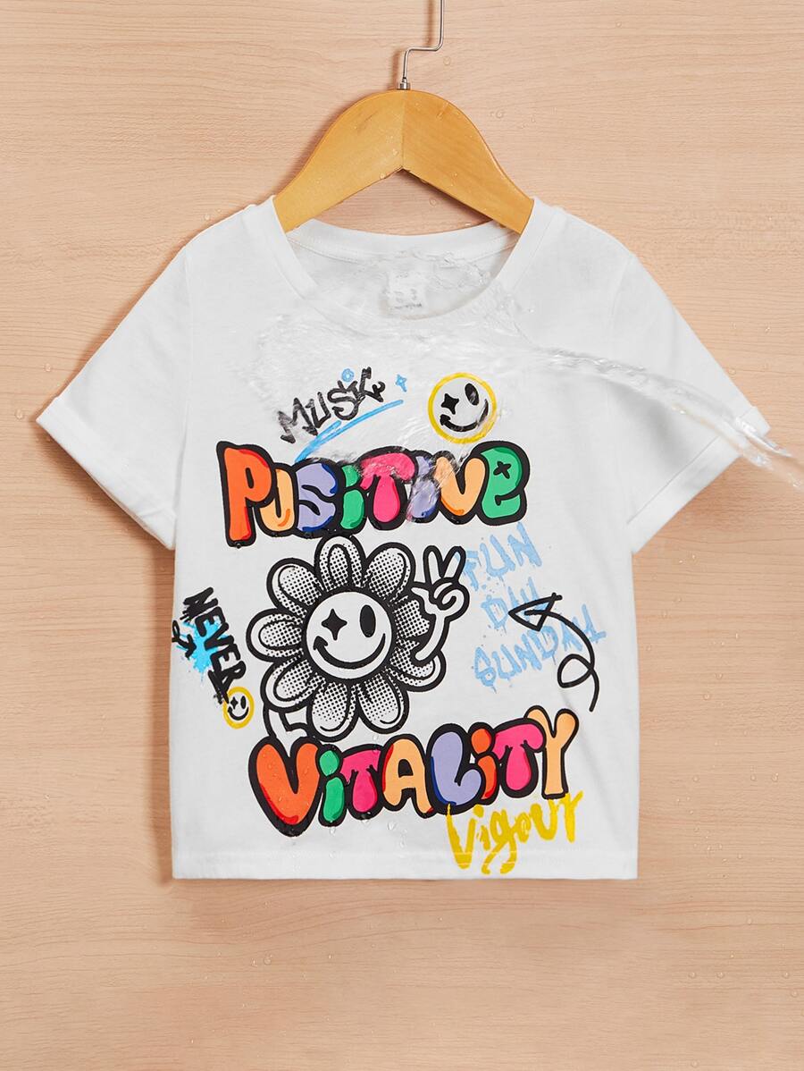 SHEIN Tops con gái lớn Hoạt hình Slogan Giải trí - trắng - Xem 1