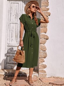 SHEIN LUNE Batwing Sleeve Drawstring Waist Flap Detail Shirt Dress - Army Green - View 4