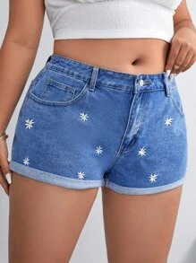 SHEIN Essnce Quần short denim oversized Nút Thêu Túi Dây kéo Hoa - Rửa trung bình - Xem 1