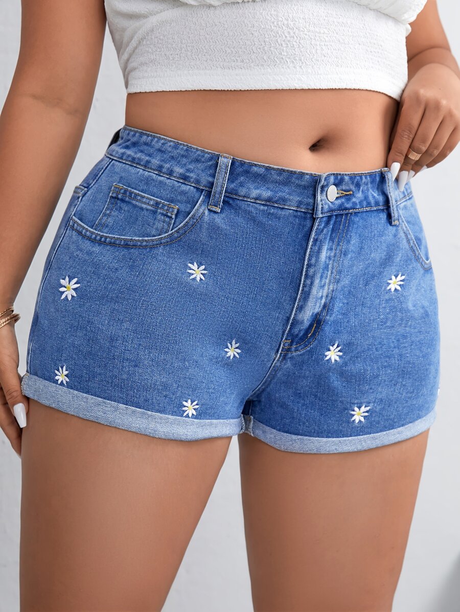 SHEIN Essnce Quần short denim oversized Nút Thêu Túi Dây kéo Hoa - Rửa trung bình - Xem 1