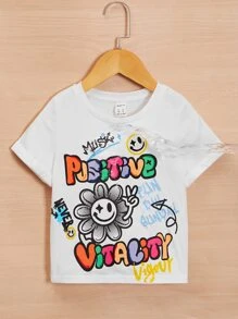 SHEIN Tops con gái lớn Hoạt hình Slogan Giải trí - trắng - Xem 4