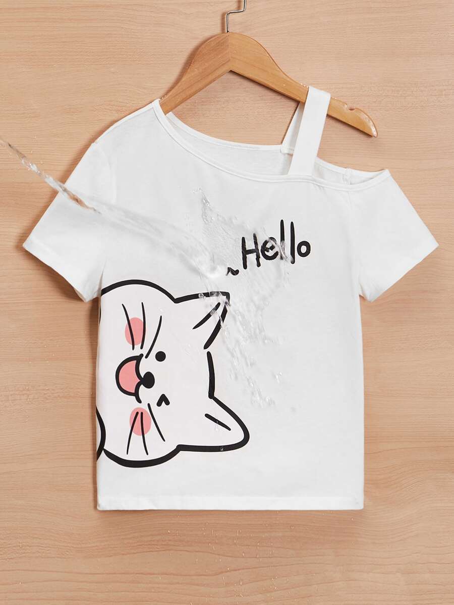 SHEIN Girls Cartoon & Letter Graphic Asymmetrical Neck Waterproof Tee - White - View 1