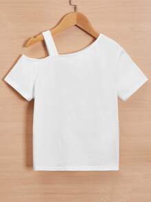 SHEIN Girls Cartoon & Letter Graphic Asymmetrical Neck Waterproof Tee - White - View 2