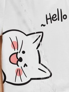 SHEIN Girls Cartoon & Letter Graphic Asymmetrical Neck Waterproof Tee - White - View 3