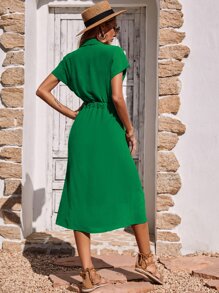 SHEIN LUNE Batwing Sleeve Drawstring Waist Flap Detail Shirt Dress - Green - View 2