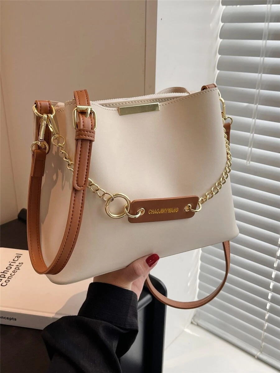 中等水桶包字母圖案鏈條裝飾時尚