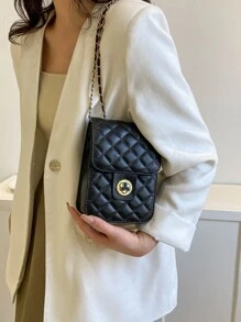 迷你翻蓋方包絎縫圖案轉鎖 - 黑色 - 查看 6