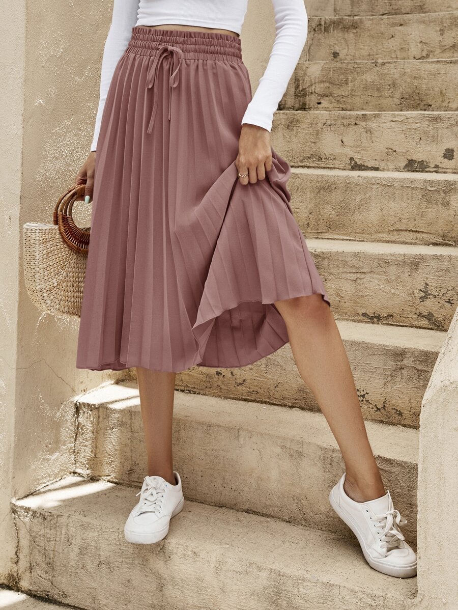 SHEIN Clasi 腰部抽繩百褶半身裙 - 藕粉色 - 查看 1